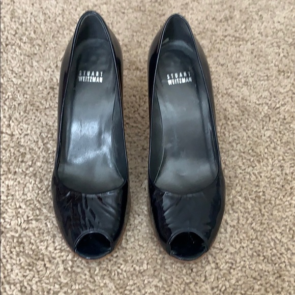 Stuart Weitzman Patent Leather Navy Peep Toe Wood Heel pump shoe EUC US 8 - Picture 12 of 15
